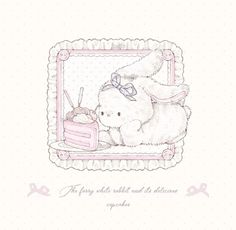 a white teddy bear sitting next to a cake