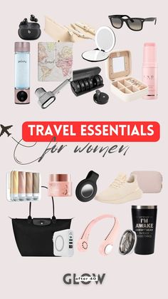 the travel essentials for women are shown in this graphic style, including shoes, sunglasses and other items