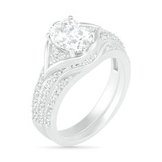 a white gold engagement ring set with an oval diamond center and side stones on the band