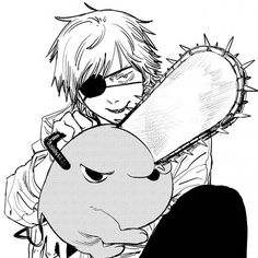 an anime character holding a large object in his hand