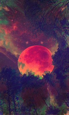 an image of a red moon in the night sky with trees and stars around it