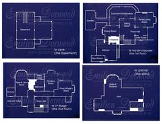 four blueprints showing the floor plans for a house