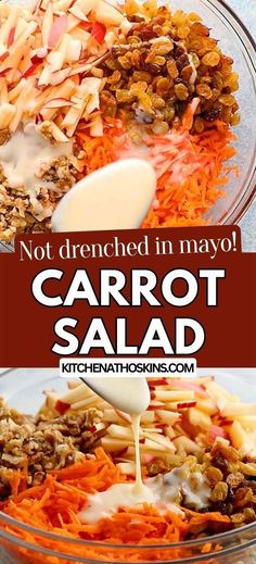 carrot salad is being drizzled with dressing and served in a glass bowl