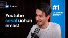 a man sitting in front of a microphone with the words youtubeber serial kuhn emas