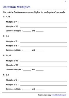 the common multiples worksheet is shown with numbers and places to put them in