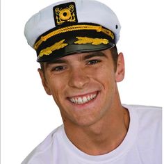 This Adjustable Adult Sailor Hat Is Brand New And Perfect For A Sailor Costume For Halloween. It Is White And Navy With Gold Details And Has An Adjustable Strap In The Back. Make Me An Offer Or Ask Me Any Questions! Fast Shipper! Get In Time For Halloween Captain's Hat, Egg Costume, Yacht Accessories, Sailor Costume, Ny Hat, Sailor Hat, Us Marine, White Caps, Shield Sunglasses