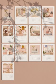 a calendar with images of people and flowers on it, all in pastel colors