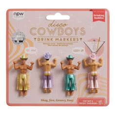 three toy figurines in different colors and sizes