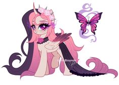 a pink and purple pony sitting next to a butterfly