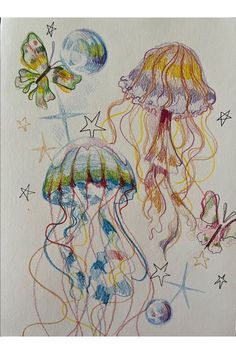 a drawing of jellyfish and butterflies on paper