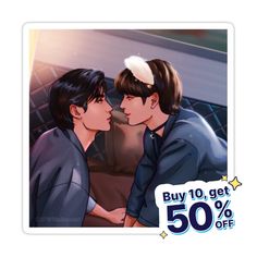 two young men are kissing each other in front of a sign that says buy 10 get 50 % off