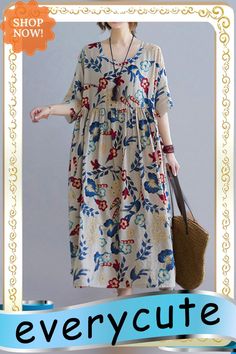 Flower Print Half Sleeve O-neck Loose Women Vintage Dress Casual Beige V-neck Floral Dress, Casual Beige Floral Summer Dress, Color Pick, Vintage Style Dresses, Pink Fashion, Women's Fashion Dresses, Half Sleeves, Flower Prints, Dresses Online