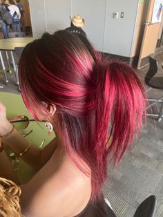 Hair Colours Ideas For Brunettes, Dyed Hair Inspiration Colorful, Hair Color Ideas Dyed, Multiple Red Hair Color, Cute Hair Colors For Dark Brown Hair, Black Hair With Red And Pink Highlights, Y2k Haircolor Ideas, Contrasting Hair Color, Dyed Hair Back Of Head