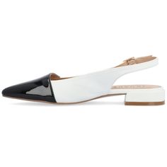 The Bertie low-block heel flats from Journee Collection will be the perfect shoe to take you from the office to a nice evening out to dinner. Their luxe vegan patent leather padded footbed sling back strap buckled ankle strap two-tone design and pointed toe will give you that classy yet casual look to compliment your outfit. To keep it simple their pull-on closure will make them easy to slip on and off as you rush to your next event. Low Block Heels, Comfortable Flats, Pointed Toe Flats, White Flats, Sling Back, Journee Collection, Perfect Shoes, Keep It Simple, Fashion Flats