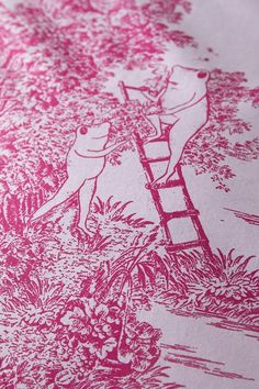 a red and white drawing of a man climbing up a ladder to the top of a tree