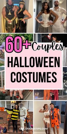 some people are dressed up in costumes and posing for the camera with text overlay that reads, 60 couples halloween costumes