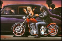 a painting of two people on a motorcycle with a car in the background and a woman sitting on the bike