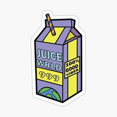 a carton of juice sticker with the words juice world in yellow and purple