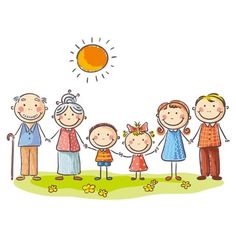 a family standing together with the sun in the sky behind them and flowers on the ground