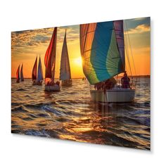 several sailboats are sailing in the ocean at sunset with bright colors on the water