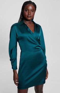 A shirtdres-inspired look gets a glow-up with a glossy satin fabrication and a leg-baring length. Hidden side-zip closure Spread collar Surplice V-neck Long sleeves 66% recycled polyester, 30% polyester, 4% elastane Hand wash, dry flat Imported Long Sleeve Satin Dress, Satin Dress, Nordstrom Dresses, Satin Dresses, Recycled Plastic, Green Dress, Side Zip, Personal Style, Top Brands