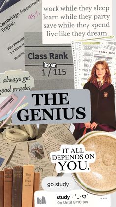 a collage of books and papers with the words genius on them