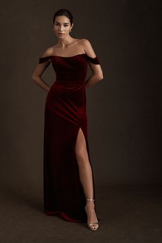 A romantic off-the-shoulder neckline is the finishing flourish for the plush Issa Velvet Column Gown by Jenny Yoo. Wine Color Bridesmaid Dress, Pleated Gown, Velvet Bridesmaid Dresses, Affordable Bridesmaid Dresses, Red Bridesmaids, Shoulder Stretch, Red Velvet Dress, Red Bridesmaid Dresses, Velvet Gown