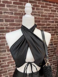 Adorable satin halter top with tie detail 92% Polyester, 8% Spandex Contrast Tie Halter Top, Halter Top Dress, Scarf Dress, Medium Brown, Top Dress, Halter Top, Dream Closet, Halter Dress, Top Shirt