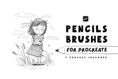 pencils brushes for procreate with a girl in the grass and an arrow pointing to