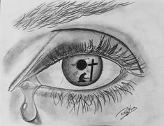 a drawing of an eye with the cross in it's center and drops of water coming out of its iris