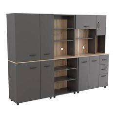 a large gray cabinet with drawers and cupboards