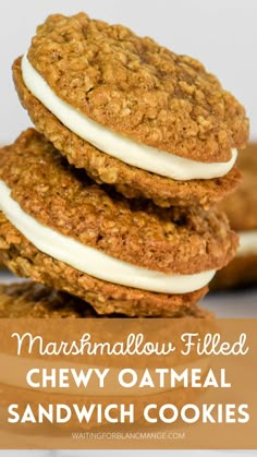 Stack of oatmeal sandwich cookies with marshmallow filling. Stuffed Oatmeal Cookies, Cream Filled Oatmeal Cookies, Crumbl Oatmeal Mallow Sandwich, Marshmallow Sandwich Cookies, Marshmallow Cream Recipes, Oatmeal Pie Cookies, Cookie Fillings, Homemade Oatmeal Cream Pie, Oatmeal Cream Pie Cookies