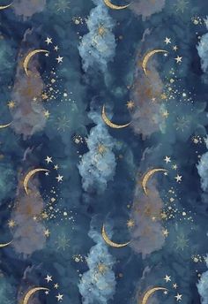 a blue and gold wallpaper with stars and moon in the night sky above trees