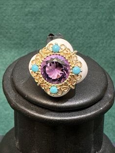 14k Yellow Gold Amethyst Turquoise & Marble Agate Quatrefoil Style Ring Sz 7  | eBay Elegant Yellow Gold Turquoise Ring With Gemstone Accents, Elegant Multi-stone Turquoise Gemstones, Elegant Turquoise Cabochon Gemstones, Luxury Purple Cabochon Jewelry, Luxury Collectible Jewelry With Gemstone Accents, Fine Jewelry Amethyst Cabochon, Fine Jewelry Purple Cabochon, Turquoise Multi-stone Round Gemstones, Turquoise Multi-stone Gemstones