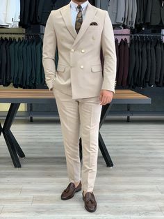 Crystal Double Breasted Cream Suit | VICLAN Marriage Suits, Suits And Sneakers, Cream Suit, Slim Fit Suit Men, Pants Gift, Beige Suits, Stylish Wedding Dresses, Men Cream, Suit Material