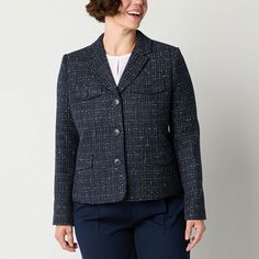 This Liz Claiborne women's boucle blazer is a must-have for polished style. This slightly cropped single-breasted style is cut for a classic elegant fit with a textured finish, a notch collar, multiple pockets and a button closure. Wear it with pants and a blouse. Front Style: Single BreastedClosure Type: ButtonFit: Classic FitPockets: 2 Front Flap Pockets, 2 Chest Button PocketsSleeve Length: Long SleeveSleeve Style: Fitted SleeveApparel Length: 30 InchesFiber Content: 100% PolyesterFabric Desc Petite Blazer, Polished Style, Blazer Blue, Notch Collar, Fitted Blazer, Classic Elegant, Liz Claiborne, Single Breasted, Clothing And Shoes