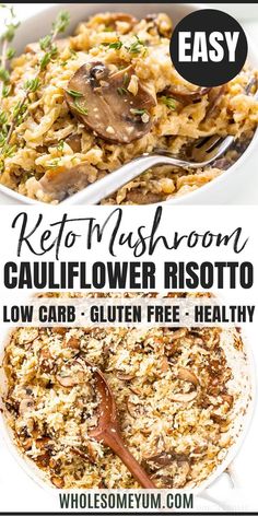 the recipe for keto mushroom cauliflower risotto is shown in three different images