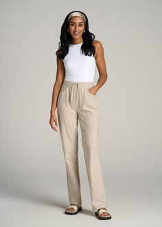 Fashion Meets Function in Women's Tall Pants Designed for Your Everyday Our Pull-On Straight Leg Knit Pants for Tall Women are a combination of simple style and practical use. Crafted with a Micro French Terry blend, these tall women's pants offer all-day comfort for your versatile needs. Whether you're hanging with friends or hitting the track, they are always the perfect fit for your lifestyle.• Versatile straight leg and high-rise design• Stretch fabric for ease of movement• Features an exter Non-stretch High-waisted Pants, Beige Stretch Bottoms With Pull-on Style, Beige Stretch Pants For Everyday Use, Comfortable Everyday Pants With Elastic Waistband, Non-stretch Tapered Leg Pants For Everyday, Comfortable Elastic Waistband Pants For Everyday, Beige Pull-on Pants With Loosely Fitted Hips, Beige Pants With Pull-on Style And Loose Fit, Versatile Beige Pants