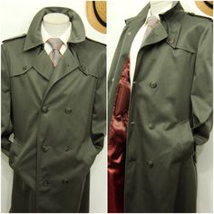 "Goodmorning! A vintage classic original rare Pierre Cardin double breasted suit trench coat / overcoat long coat . This suit overcoat  jacket features a ten button closure, notched wide lapel, 2 sleeve adjustable cuff strap, two epaulete, 3 interior pocket,  two slanted side hip pockets  as well as a full interior lining and a strap belt. This is a rare vintage classic find . one of a kind. This is a great find and a gift for vintage enthusiast with class and style  made in Korea Jacket tag siz Classic Khaki Pea Coat With Double Button Closure, Classic Gabardine Pea Coat, Vintage Double-breasted Solid Outerwear, Vintage Double-breasted Pea Coat With Double Button Closure, Vintage Long Pea Coat With Double Button Closure, Classic Khaki Pea Coat With Lapel Collar, Vintage Single-breasted Long Pea Coat, Classic Fitted Khaki Pea Coat, Retro Long Coat For Formal Occasions