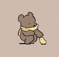 a drawing of a teddy bear with a scarf around its neck holding a small object