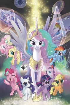 many little ponys are standing together in front of the stars and moon filled sky