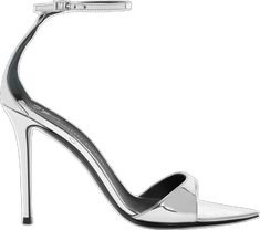 Sleek Formal Sandals With Glossy Finish, Luxury Silver Sandals With Sculpted Heel, Sleek Silver Patent Leather Heels, Luxury Metallic Silver Pointed Toe Heels, Sleek Silver Sandals With Sculpted Heel, Sleek Silver Pointed Toe Sandals, Modern Silver Pointed Toe Sandals, Modern Silver Sandals With Pointed Toe, Silver Heels With Heel Strap In Patent Leather