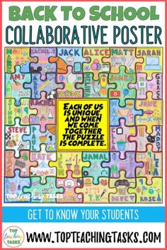 the back to school puzzle poster is shown with words on it and an orange background