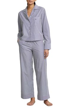 Supersoft cotton poplin mixes with the boxy fit on this pair of PJs you'll want to spend the entire weekend in. Top has notched collar; long sleeves with button cuffs 100% cotton Machine wash, tumble dry Imported Casual Cotton Sleepwear With Button Closure, Classic Cotton Sleepwear For Pajama Party, Long Sleeve Sleepwear With Button Cuffs For Loungewear, Collared Cotton Sleepwear With Relaxed Fit, Classic Cotton Sleepwear With Long Sleeves, Relaxed Fit Cotton Sleepwear With Collar, Cotton Sleepwear With Button Closure, Classic Long Sleeve Cotton Sleepwear, Classic Cotton Long Sleeve Sleepwear