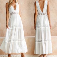 White Boho Dress, With A Deep V At The Back, A Lace Bodice, And A Flared Skirt Wear This Lacy V-Neck Long Dress As A Beach Wedding Dress Or To A Casual Event This Summer. Chiffon And Lace Material Vintage Style Back Zipper Ankle-Length Boho Maxi Deep V-Neck At The Front And Back Boho Beach Maxi Dress Bohemian Sleeveless Dress With Hollow Out Details, Stretch Beach Dresses With Lace Trim, Non-stretch Backless Beach Dress, Fitted Hollow Out Maxi Dress For Beach Season, Summer V-neck Maxi Dress With Lace Patchwork, Fitted Maxi Dress With Lace Patchwork For Summer, Elegant Lace Maxi Dress For Beach Season, Fitted Maxi Dress With Lace Patchwork For Beach, Elegant Hollow Out Dress For Beach Season