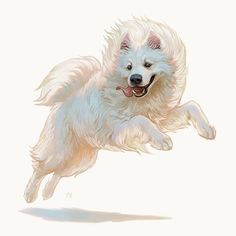 a white dog jumping in the air with it's front paws out and mouth open