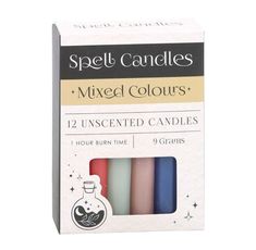 four candles in different colors and sizes on a white background, with the packaging for each candle