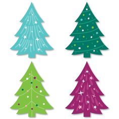 four different colored christmas trees with stars on them