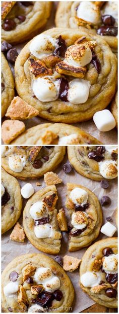 cookies with marshmallows and chocolate chips are shown in three different pictures, one is