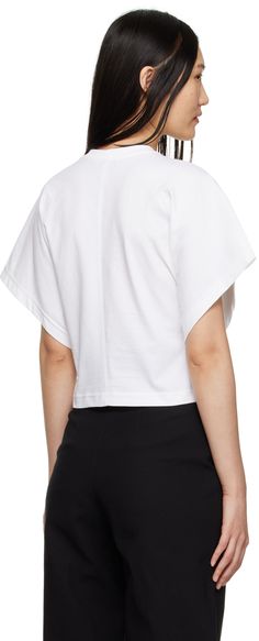 Cotton jersey T-shirt. · Rib knit crewneck · Logo printed at chest · Pinched seam at back Supplier color: White/Black Jersey Design, Knit Crewneck, Embroidered Tshirt, Jersey T Shirt, Workout Tops, One Shoulder Blouse, Rib Knit, Print T Shirt, White Black